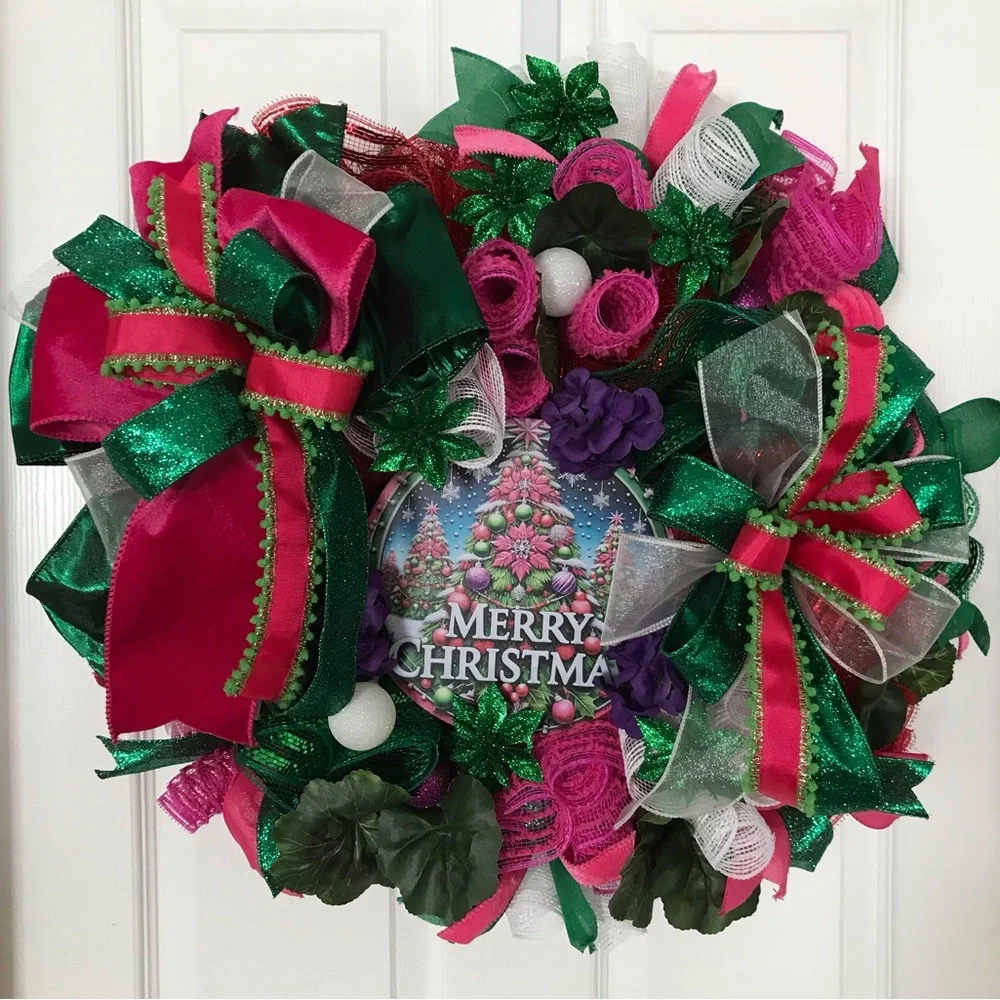 Festive Christmas Wreath with Pink and Green Accents